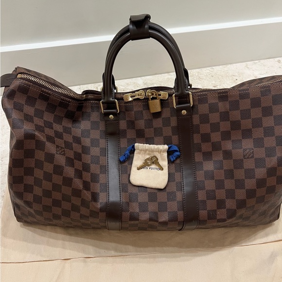 Louis Vuitton keepall 50 travel bag in ebene damier canvas and brown leather. - Picture 2 of 9